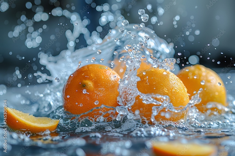 Poster dynamic image featuring fresh oranges making a splash in water, representing vitality and freshness 