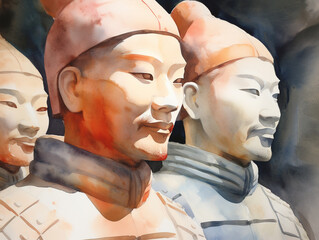 Terracotta Army standing guard, a watercolor tribute to Chinas ancient warriors, silent and majestic in their eternal vigil - obrazy, fototapety, plakaty