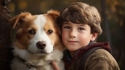 A child's with his pet dog