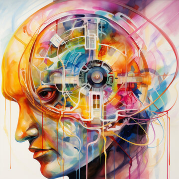 Futuristic brain-computer interface in action, neural connections illustrated in vibrant watercolor strokes