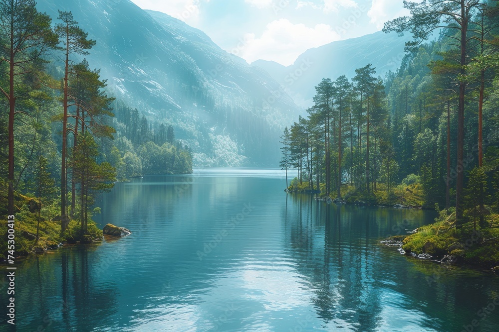 Poster a serene image overlooking a tranquil mountain lake surrounded by forest and mountains creating a se