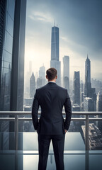 Professional photo shoot of business man in a suit standing in front of a cityscape with skyscrapers in the background - obrazy, fototapety, plakaty