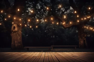 Foto op Canvas Night garden decor. outdoor string lights on tree, fairy lights, wooden table, bokeh background © Ksenia Belyaeva