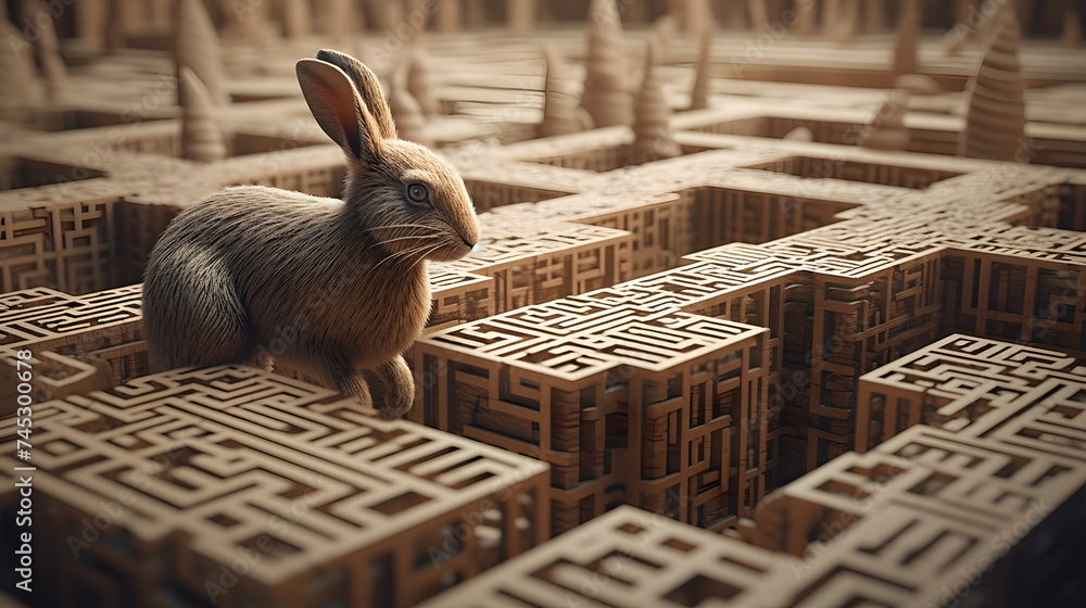Poster a rabbit sitting with a maze in the middle