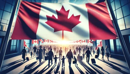 Foto op Plexiglas Emigration to Canada symbolized by diverse silhouettes moving towards the flag © Oleg Kozlovskiy