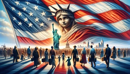 Emigration to the USA symbolized by diverse silhouettes moving towards the flag and Statue of Liberty - obrazy, fototapety, plakaty