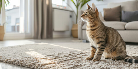 Cute cat indoors sitting on a carpet on blur living room background.