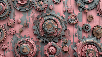 Background with gears on a wall by steampunk style.
