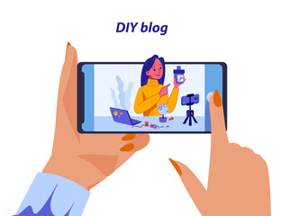 Bloggers live streaming. DIY blog. Hand holding smartphone. Hobby video. Woman showing handiwork. Blogging content broadcast. Mobile technology. Handmade embroidery. Vector concept