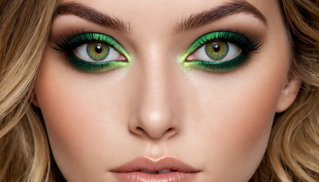 A detailed close-up of a young woman's face, she has striking green eyes, bright green makeup and flawless skin.