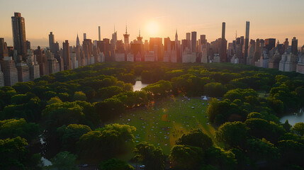 Obraz premium Aerial Helicopter Photo Over Central Park with Nature, Trees, People Having Picnic and Resting on a Field Around Manhattan Skyscrapers Cityscape. Beautiful Evening with Warm Sunset Light