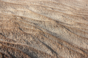 Waves on the surface of the sand, top view. The wavy surface of coastal sand. The structure of waves on sea sand.