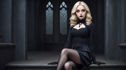 An ethereal goth woman exudes vintage allure and modern mystique as she poses with confidence and poise against the backdrop of a grand and opulent Victorian-style corridor.