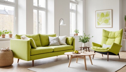 a fresh and modern Scandinavian apartment living room with a vibrant lime green sofa and matching recliner, complemented by minimalistic decor and abundant natural light.