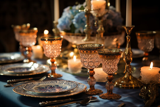 golden Elijah's cup with a Star David symbol sits on an elegant tablecloth