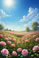 A stunning composition of roses basking in the rays of the sun, towering against a clear blue sky.
