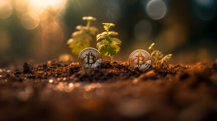 a small bitcoin coin plants seed on a ground covering
