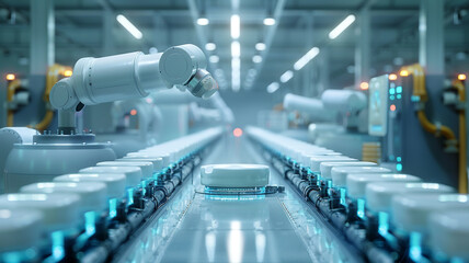 Automated Robotic milk products in Line industrial - obrazy, fototapety, plakaty