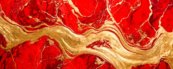 The abstract image of the red marble texture with swirling patterns and elegant gold flecks creates a luxurious visual effect. - obrazy, fototapety, plakaty