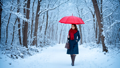 A girl walks through a quiet, snow-covered forest, clutching a bright red umbrella.  The winter cold is almost palpable, but there is something warm about the solitude of a walk.