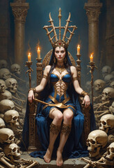 Fototapeta premium The Queen sits regally on a throne decorated with skeletal motifs in an environment that suggests a gloomy Gothic setting.