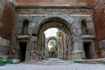 ancient Iznik Castle. Lefke Gate. Historical stone walls and doors of Iznik, Bursa.