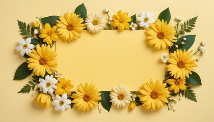 Fototapeta premium A banner of flowers on a yellow background for a greeting card template for a wedding or a women's holiday. A composition with space for its own text.