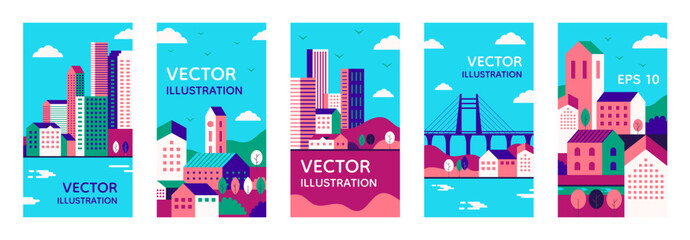City landscape. Town buildings, simple geometric urban pattern with sky or skyline backdrop for social media. Skyscrapers, bridge and houses. Minimal scenery posters. Vector flat background