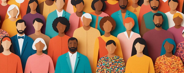 A sea of colorful, faceless figures representing a large crowd gathered together at an outdoor setting, possibly symbolizing diversity or unity in a group