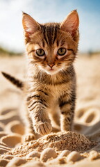 Obraz premium Striped Kitten Exploring Sandy Beach Under the Bright Sunlight.
