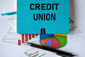CREDIT UNION - words on a green piece of paper on the background of a chart and a pen