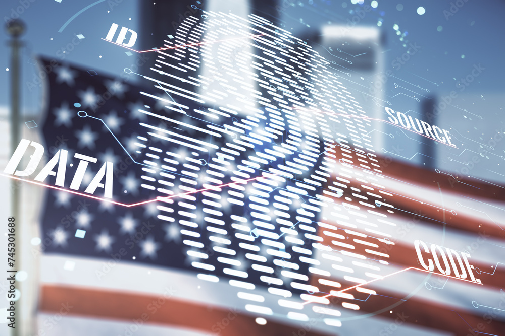 Aufkleber Multi exposure of virtual graphic fingerprint sketch on US flag and skyline background, fingerprint scan data concept
