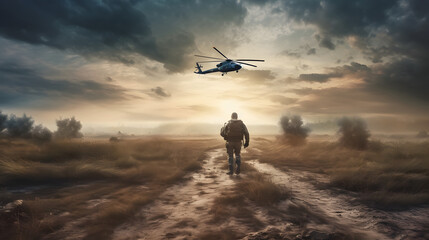 Fototapeta na wymiar a soldier passes through a military area with a helicopter on the ground near