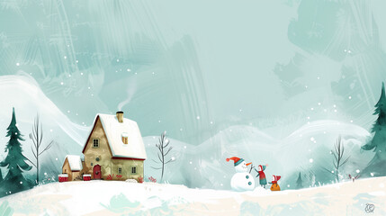 Charming Winter Scene with Snowman and Child in Snowy Landscape Illustration