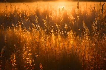Abstract warm landscape of dry wildflower and grass meadow on warm golden hour sunset