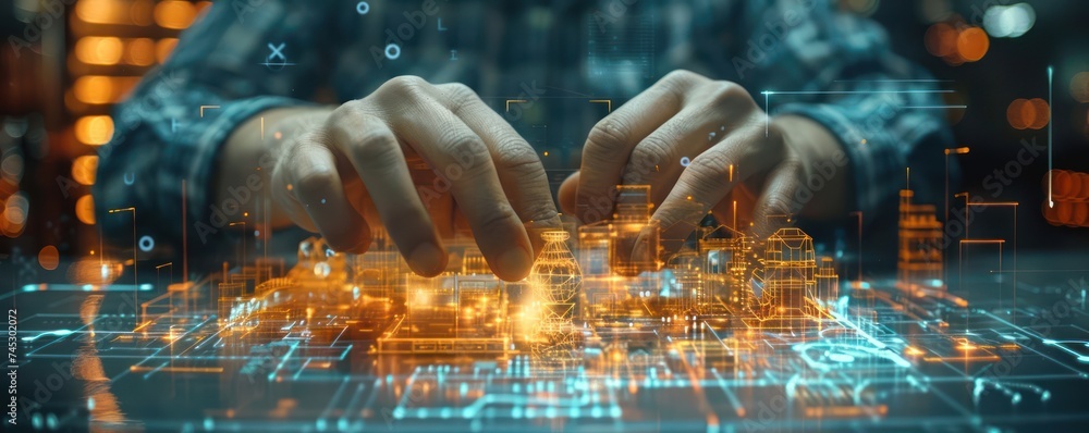 Aufkleber close up of an engineer s hands manipulating digital holographic models of machinery optimizing the 