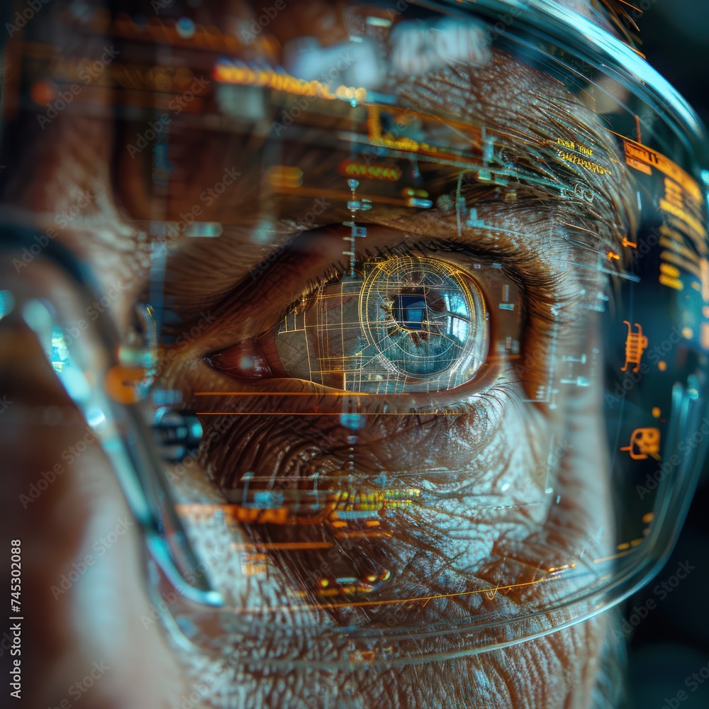 Poster close up of an engineer s eye reflected in a holographic display showcasing the detail and complexit