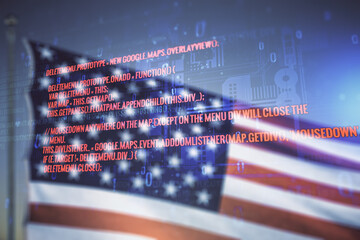 Double exposure of abstract creative programming illustration on US flag and blue sky background, big data and blockchain concept