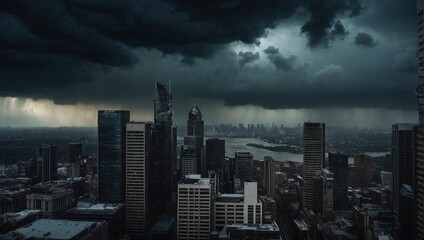 Dark and moody cityscape background with thunder storm and black clouds over the city. Environmental and weather concept. Copy space.