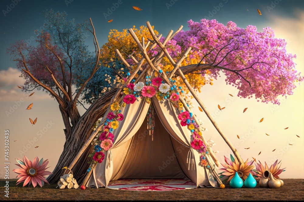 Wall mural Tent decorated with flowers and a wigwam in front of a tree - Wall murals