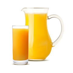 Realistic orange juice in jug with orange juice cup