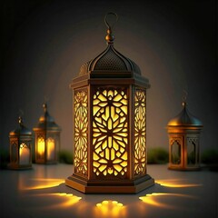 Obraz premium A design for a Ramadan lantern decorated with an Islamic ornament and illuminated dazzlingly from the inside 
