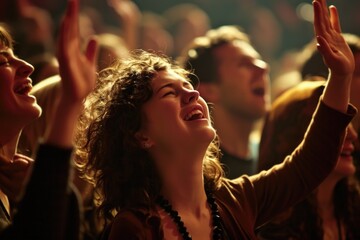 Capturing divine moments: church worship concept Christians, raised hands, earnestly pray and worship to cross in the sacred ambiance of a church building, expressing faith and spiritual connection.