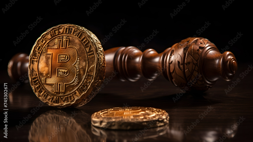 Poster bitcoin judge gavel next to coin