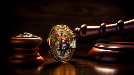 bitcoin judge gavel next to coin - obrazy, fototapety, plakaty