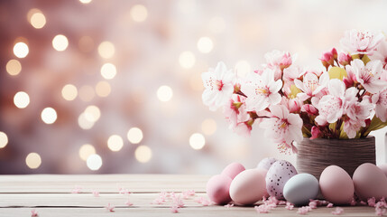 Spring festive composition for Easter. Multicolored painted Easter eggs among cherry blossoms on blue background