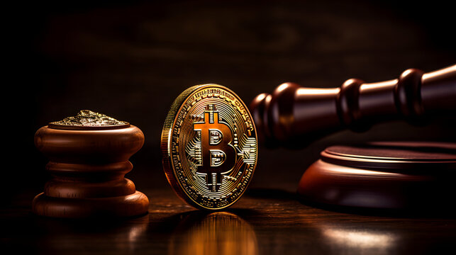 bitcoin judge gavel next to coin