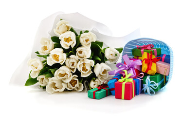 Bouquet of white flowers and gifts.