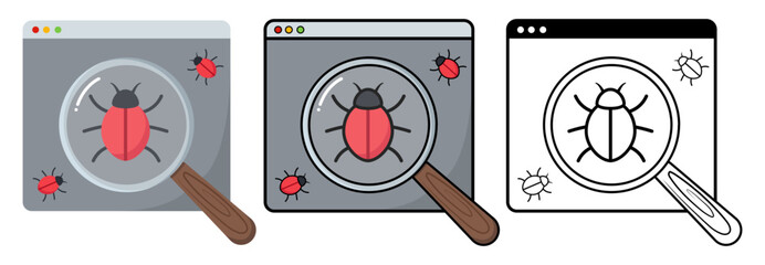 Isolated window with magnifying glass and bug for programming bug, glitch, fix, solution, debugging, error, issue, exception handling, business, web, UI, mobile, development. Vector icon