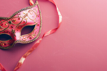 Happy Purim postcard. Carnival mask. Pink layout background